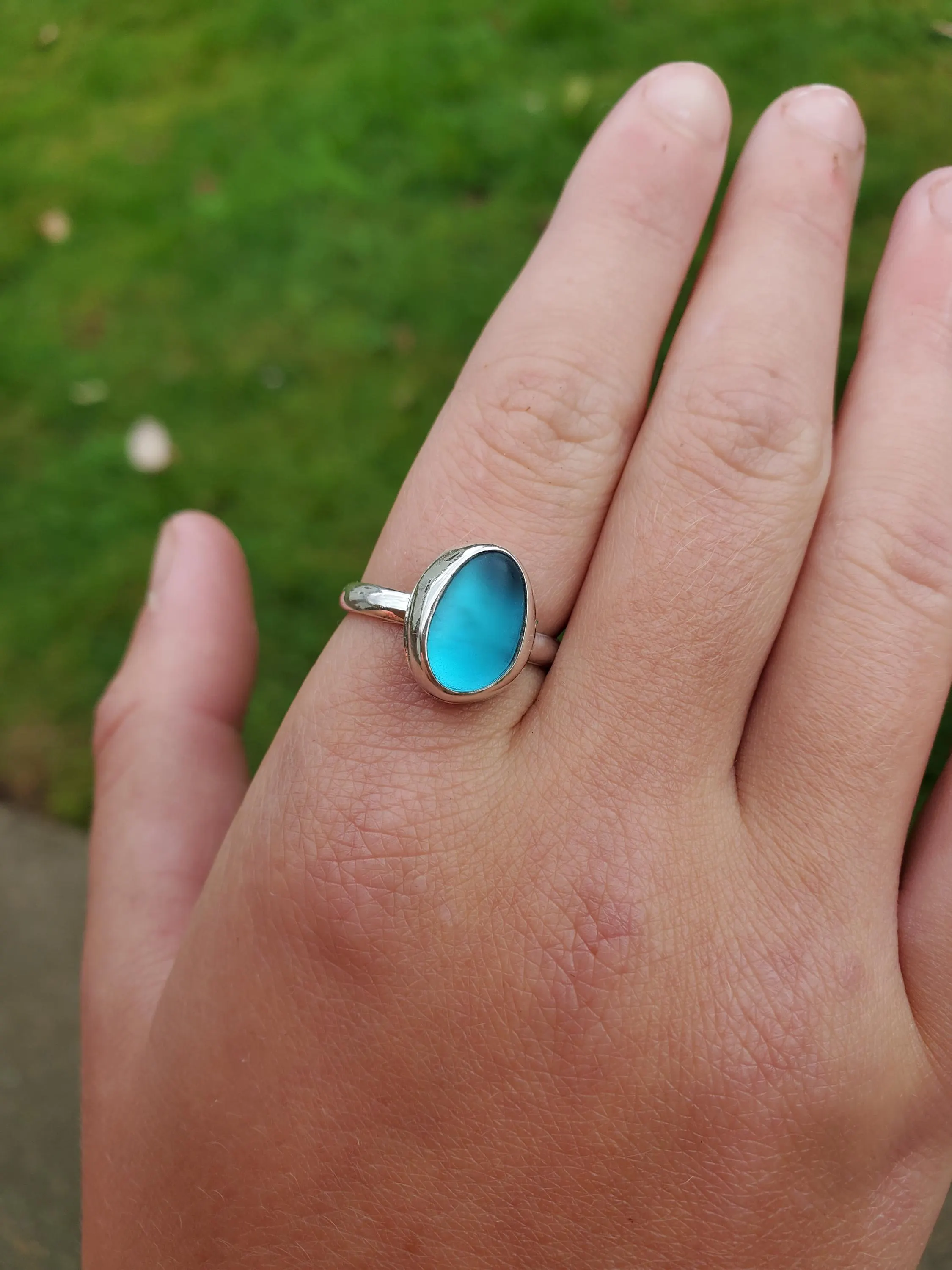 Fine Silver Sea Glass Ring Adjustable from size 4 to 11. Gorgeous blue color.